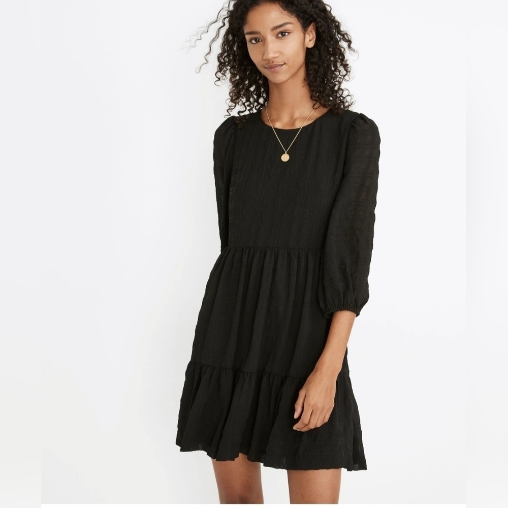 NWOT Madewell Black Puff Sleeve Ruffle Hem Mini Dress Size 4